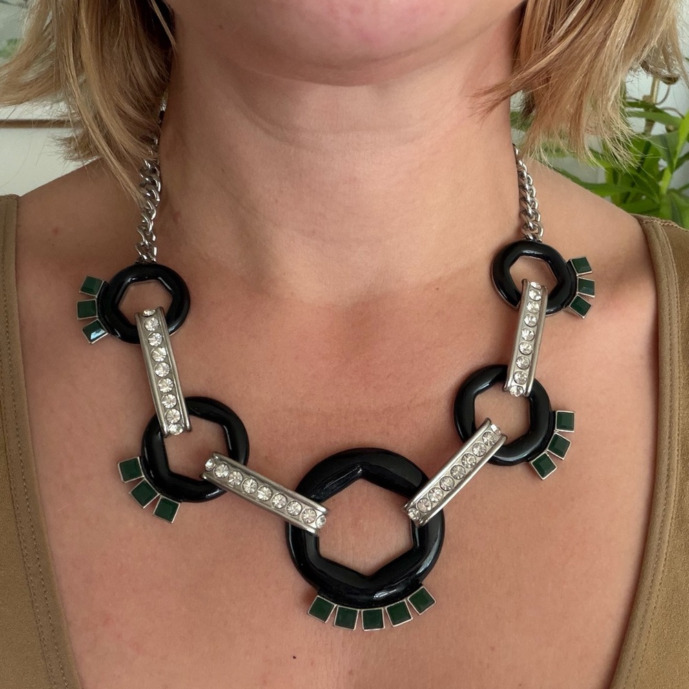 Y2K Banana Republic Black Green Rhinestone Art Deco Jewelry Statement Necklace